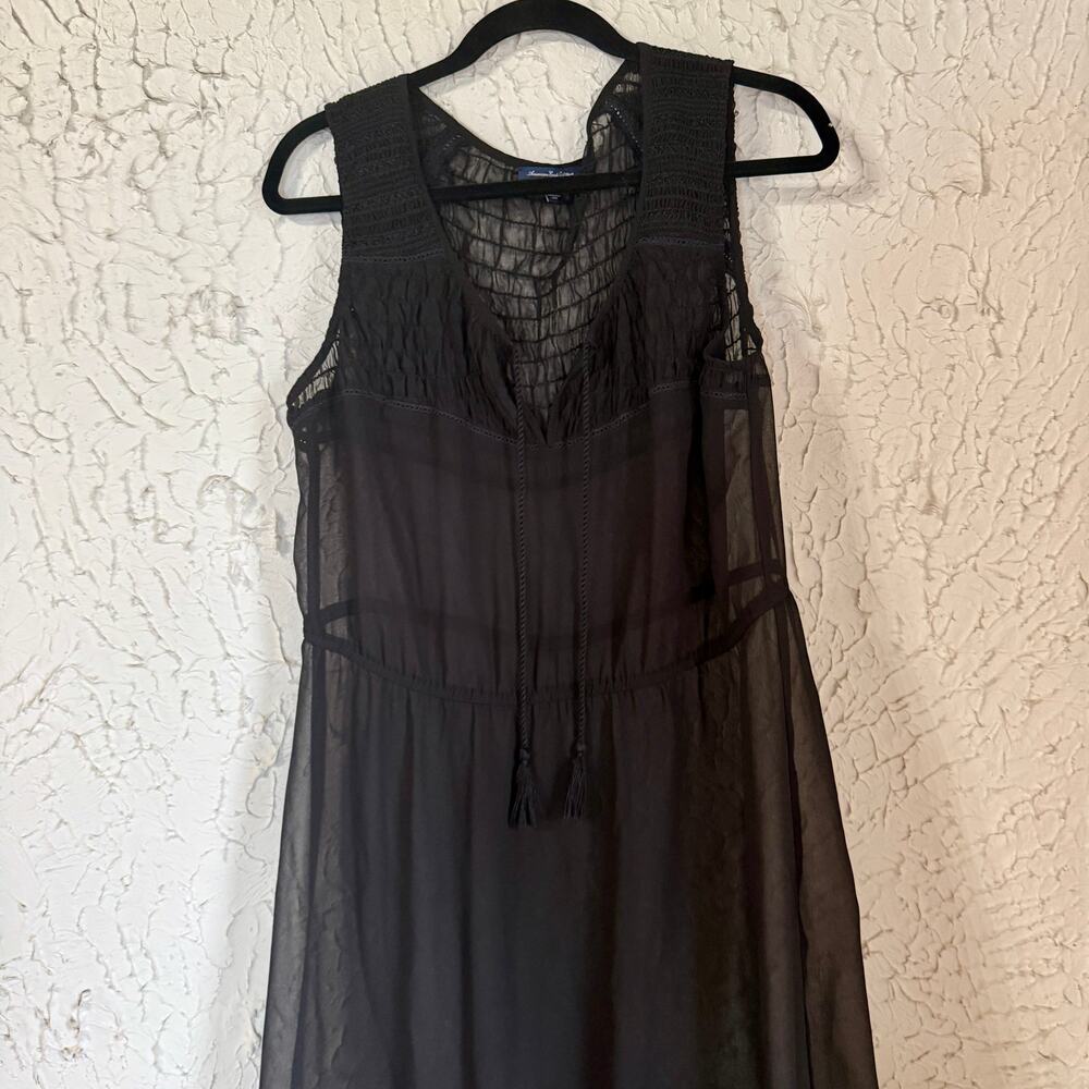 American Eagle Black Chiffon Boho Dress Sze Lrg Sheer Crochet Tassel Festival - Picture 2 of 10